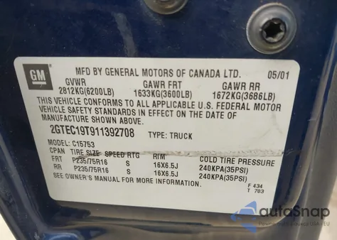 2001 GMC Sierra 1500 Sle из США, поврежденный, VIN 2GTEC19T911392708